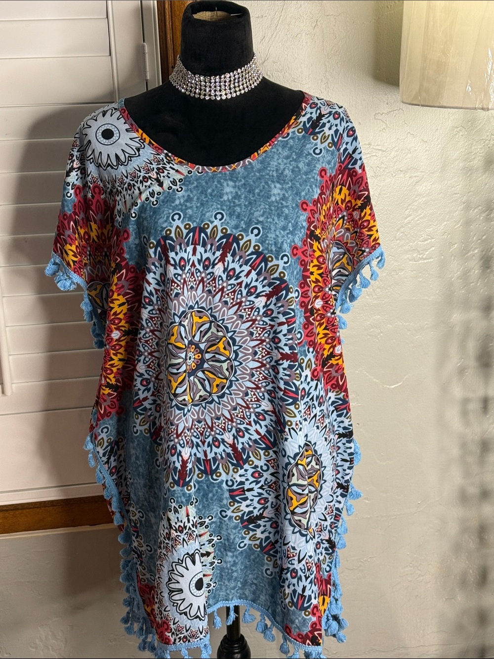 Boho Medallion Print Poncho Top in Light Blue